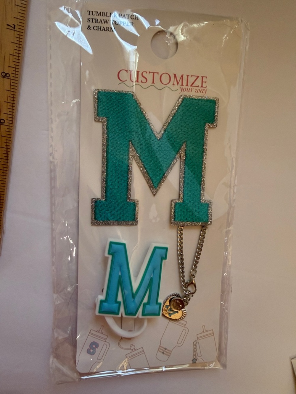 Customize Teal Letter M Patch & Charm Set for Tumblers